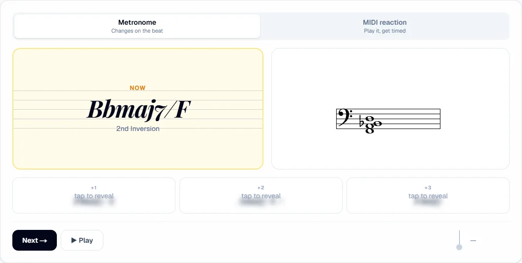 The Chord Trainer in Metronome mode: the current chord Bbmaj7/F in large type, its notes on the staff, and three upcoming chords hidden behind "tap to reveal"