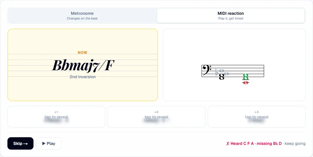MIDI reaction mode: the written chord with missing notes in grey, the played notes beside it in green and red, and the message "Heard C F A · missing B♭ D"