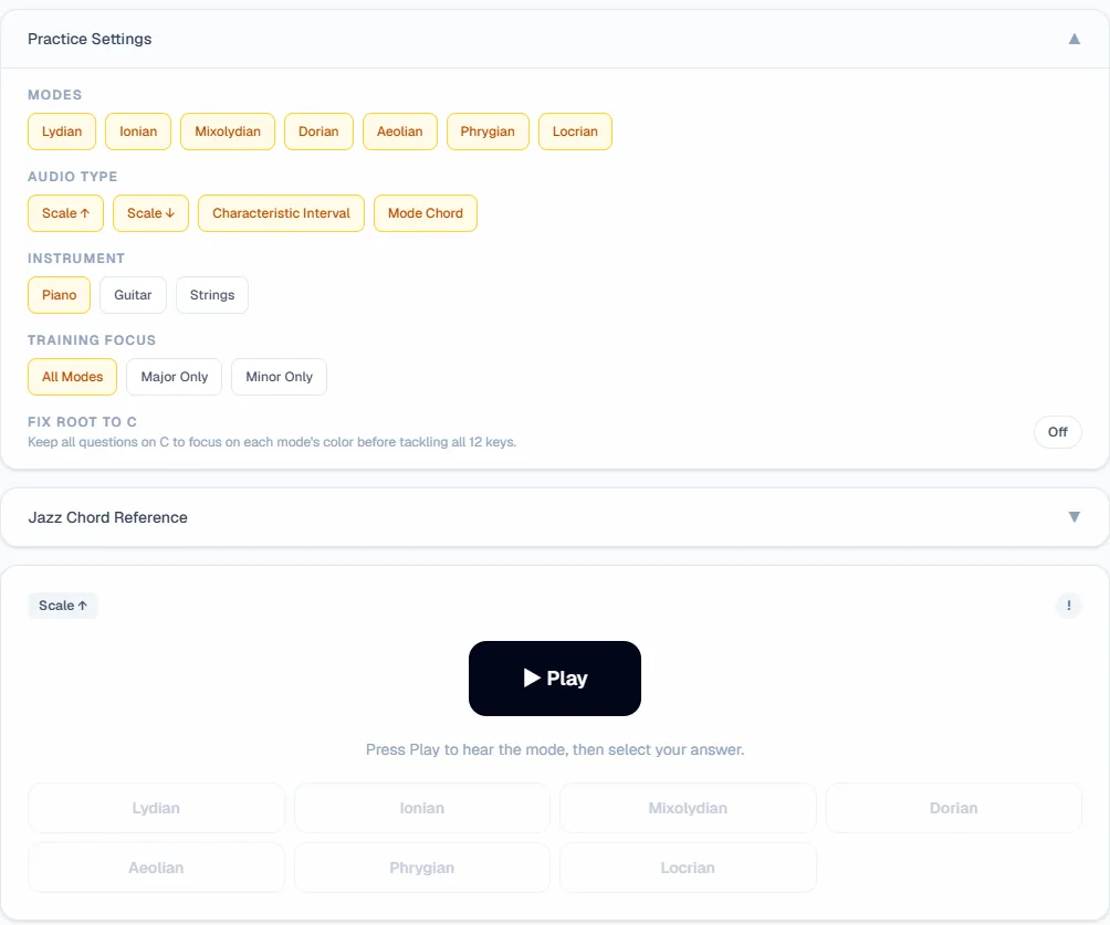 Mode Ear Trainer with Practice Settings open: mode, audio type, instrument and training focus options, the Play button and seven answer buttons from Lydian to Locrian